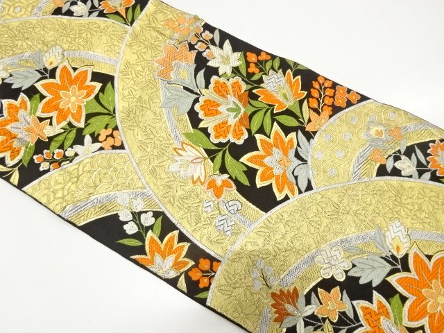 JAPANESE KIMONO / ANTIQUE FUKURO OBI / SILK / WOVEN MOUNTAINS & FLOWER